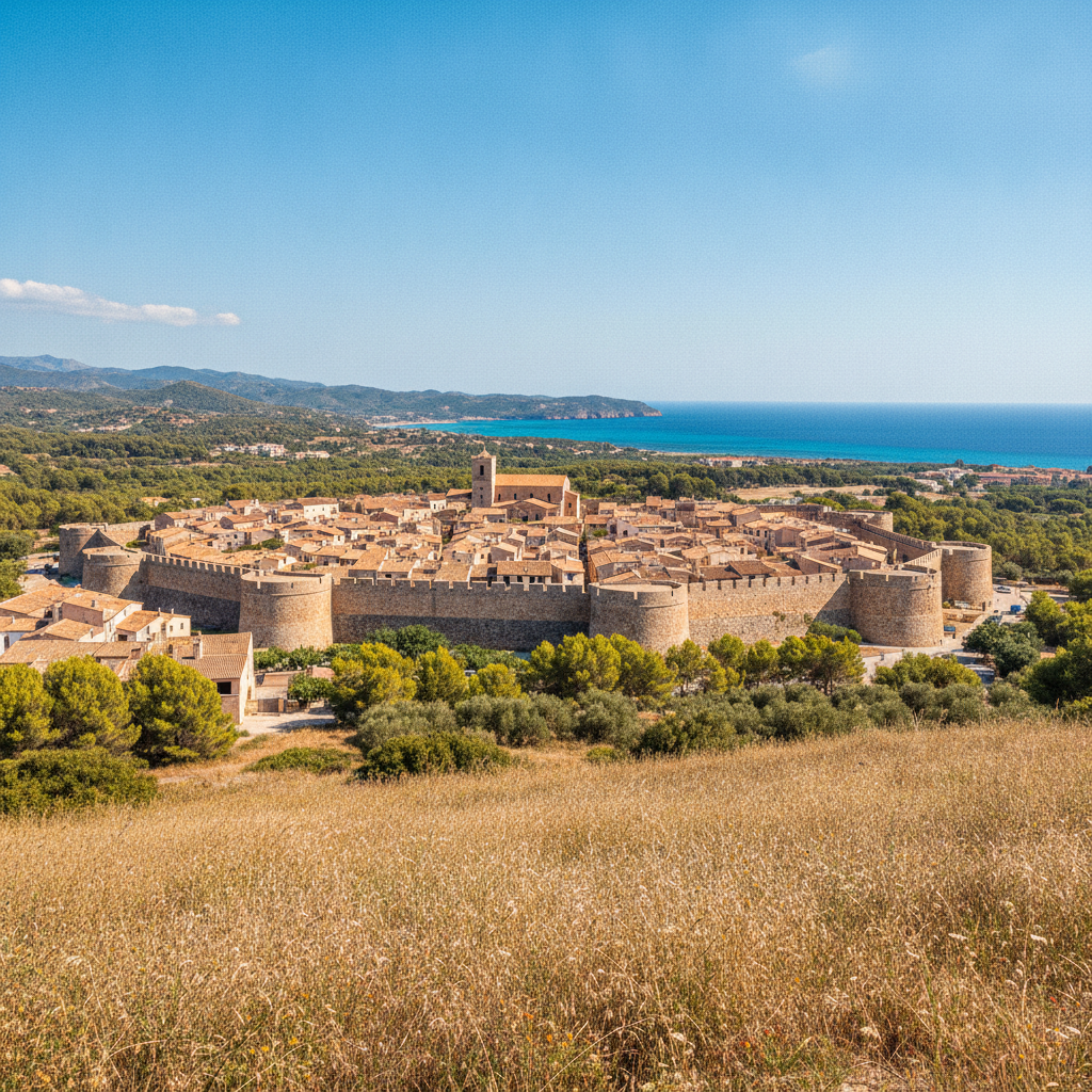The walled old town of Alcúdia in northeast Mallorca on a sunny day
