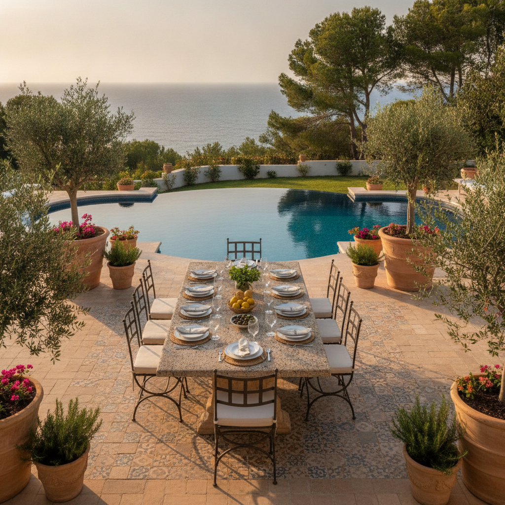 Outdoor dining terrace and pool at a private villa in Mallorca in late afternoon light