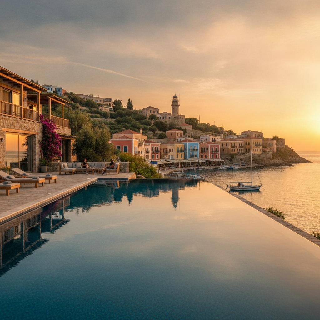 Chania's Venetian harbour at golden hour with the lighthouse reflected in calm water