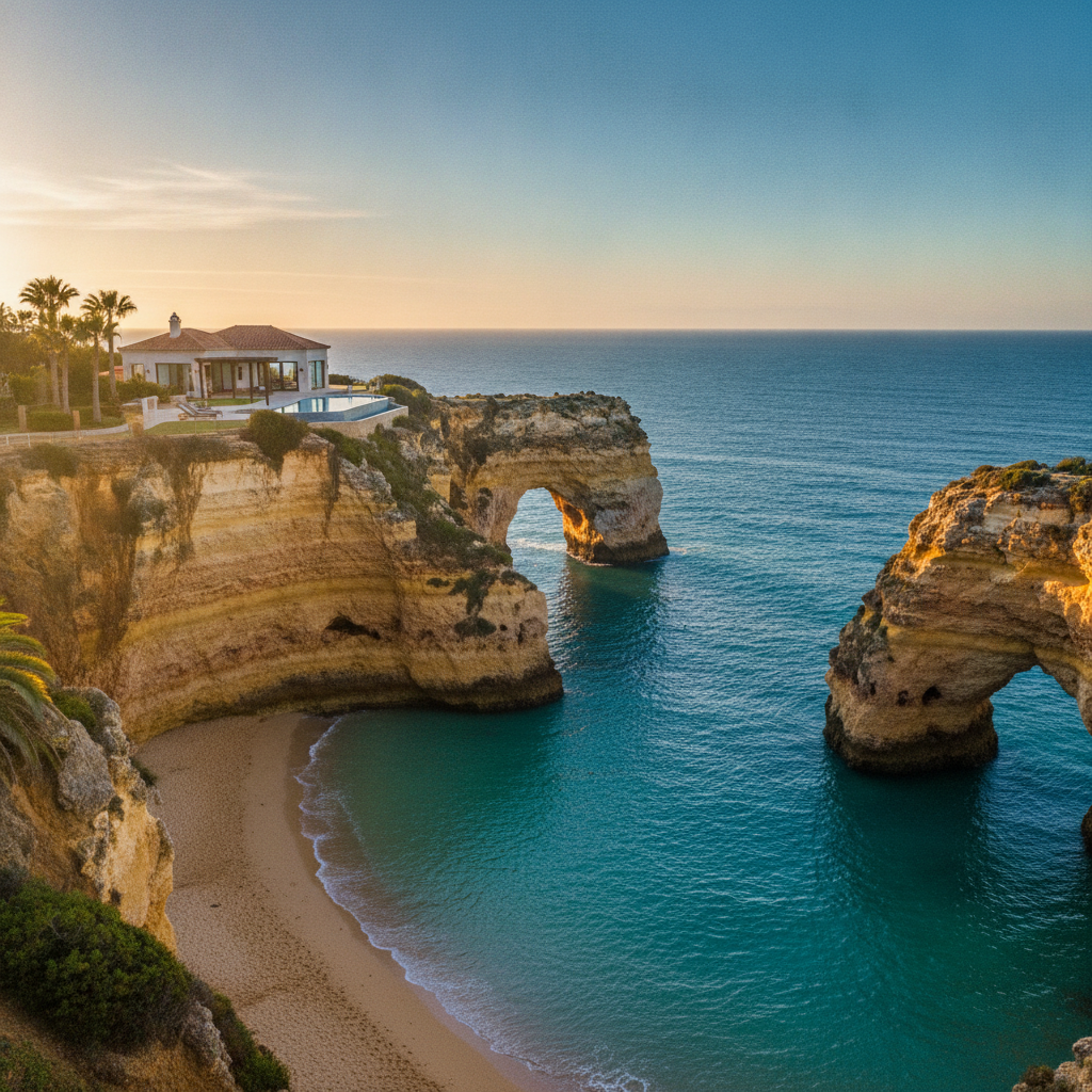 Golden sandstone rock arches and turquoise sea at a quiet Algarve cove with a clifftop villa above