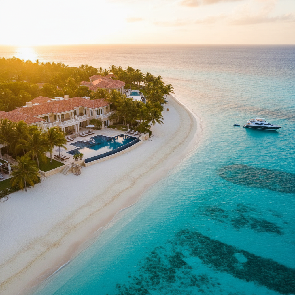 Grace Bay Beach Turks and Caicos aerial view with luxury beachfront villa and pool
