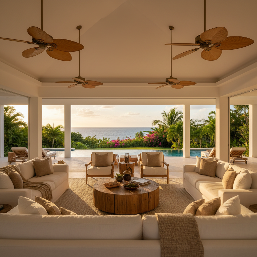 Open-plan luxury Caribbean villa interior with indoor-outdoor living space and pool terrace