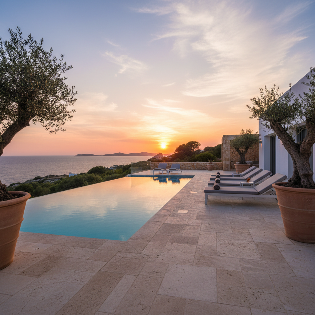 Private infinity pool terrace at a luxury Ibiza villa at sunset with warm golden reflections on the water