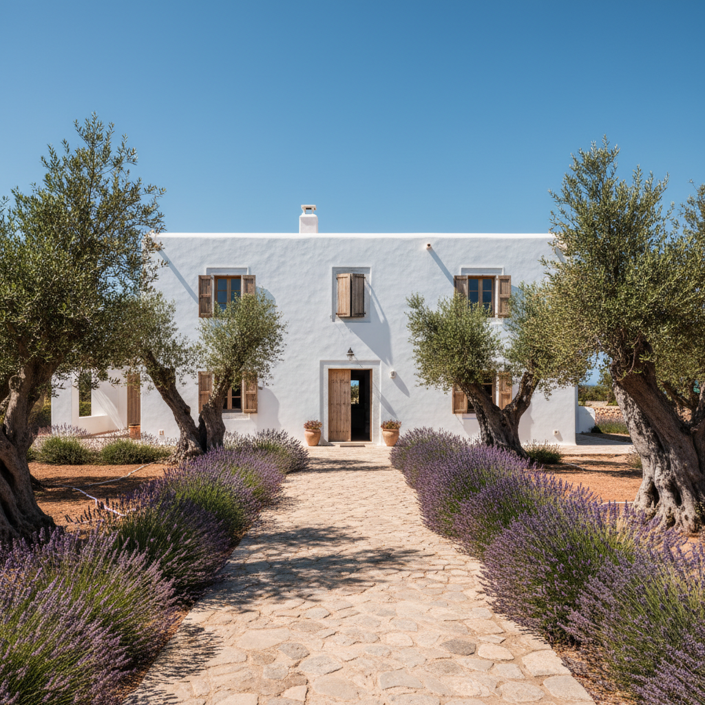 Traditional whitewashed Ibizan finca farmhouse surrounded by olive trees and lavender in rural Ibiza