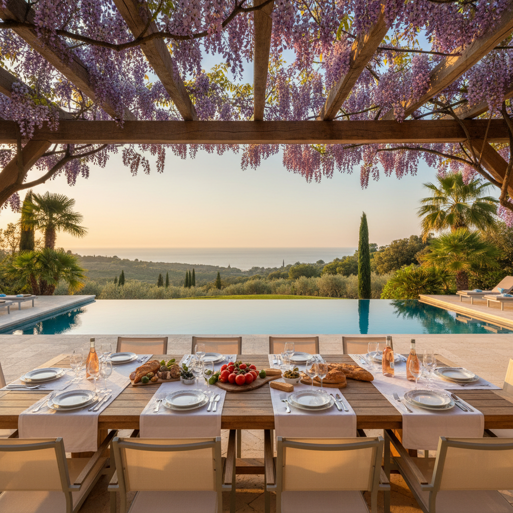 Outdoor dining terrace at a luxury Provençal villa with views over the Luberon hills, South of France