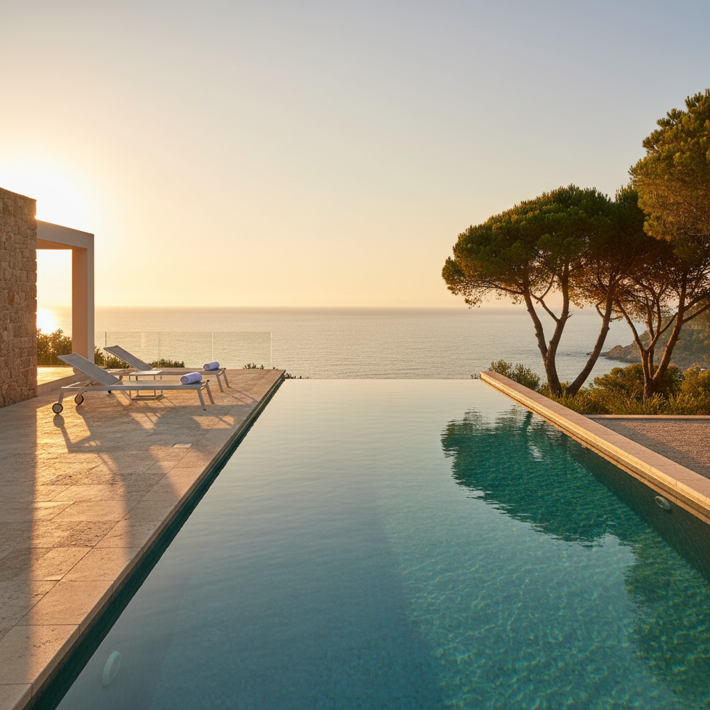 Modern infinity pool at a luxury villa on the Côte d'Azur with panoramic views over the Mediterranean Sea