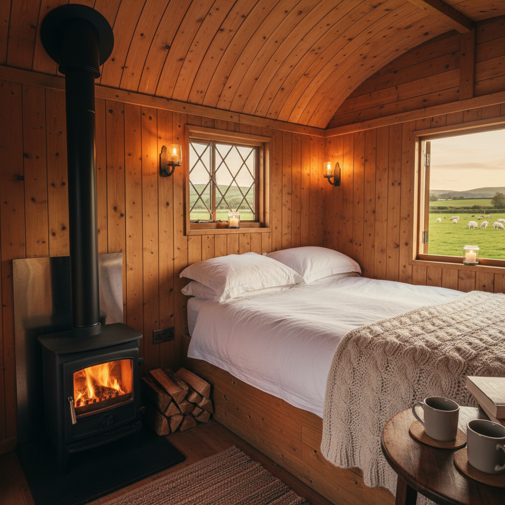 Cosy interior of a shepherd hut with a wood-burning stove and double bed with white linen