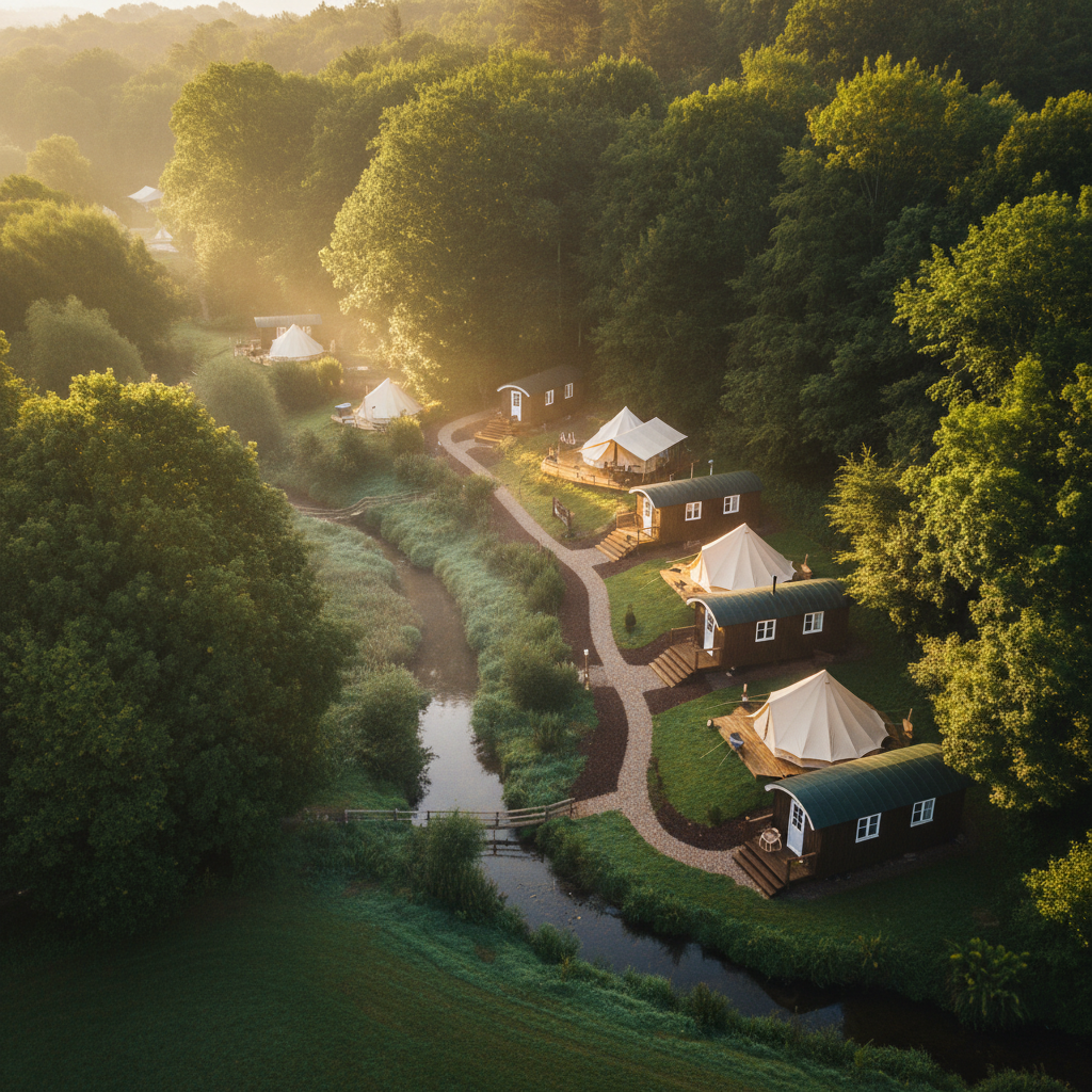 Aerial view of a woodland glamping site in the UK with shepherd huts and bell tents among green trees