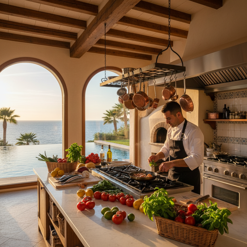 Private chef preparing a fresh Mediterranean meal in a luxury villa kitchen