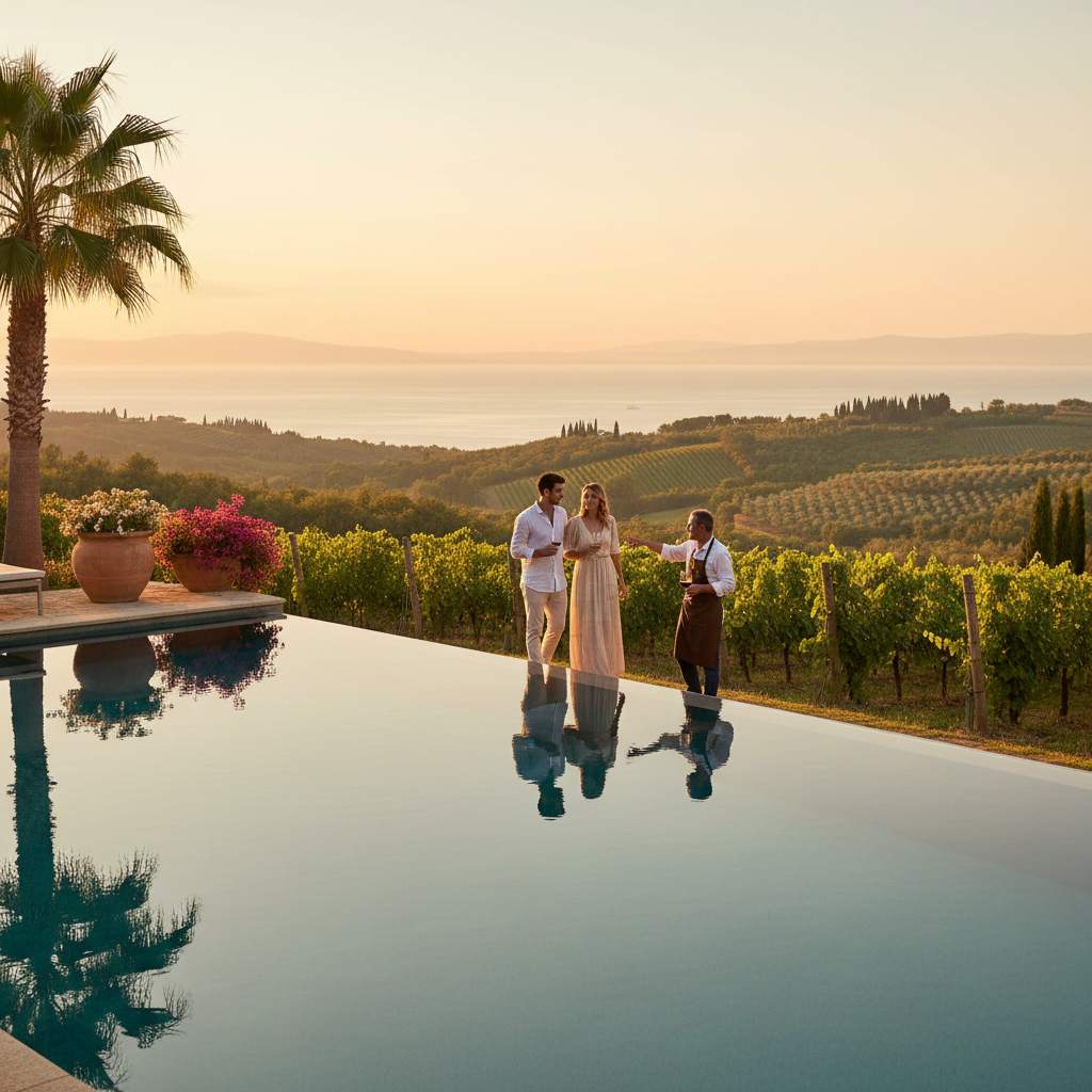 Couple on a private wine tour in a Tuscan vineyard at sunset