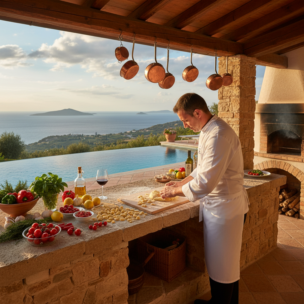 Private chef preparing fresh local ingredients in the outdoor kitchen of a luxury Italian villa