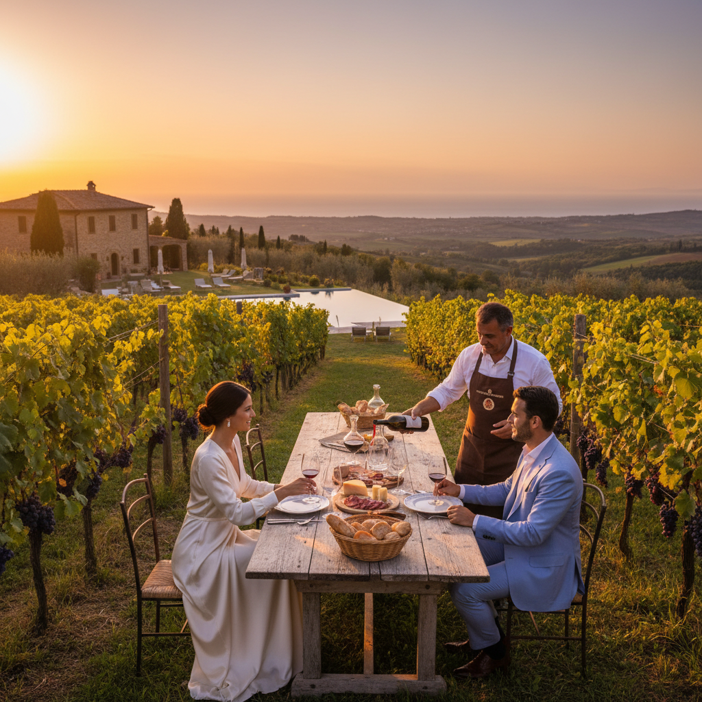 Private wine tasting among the vines at a Tuscan estate with a winemaker and villa guests