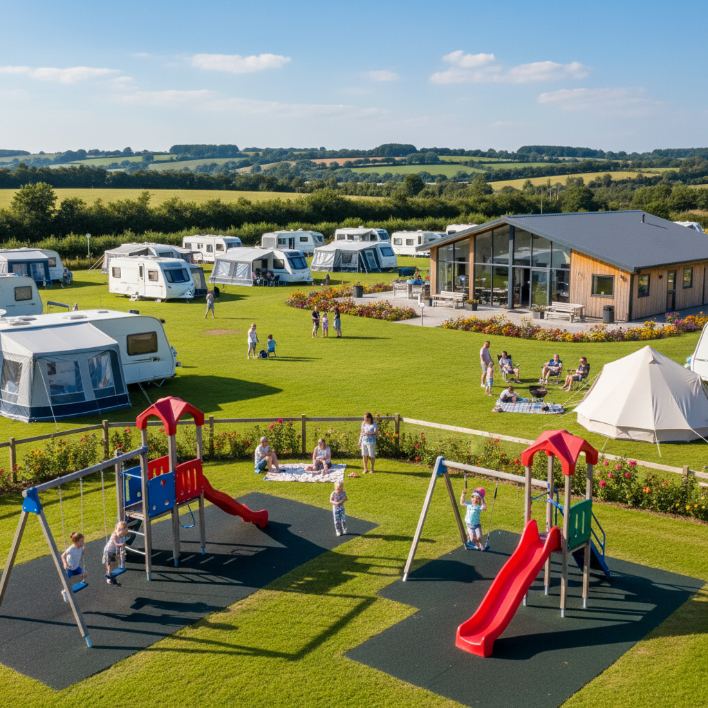 Family-friendly UK holiday park with play area, caravans and tents on sunny summer pitches
