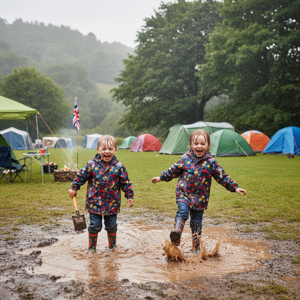 Two children in wellies and waterproof jackets splashing in puddles at a UK campsite on a rainy day