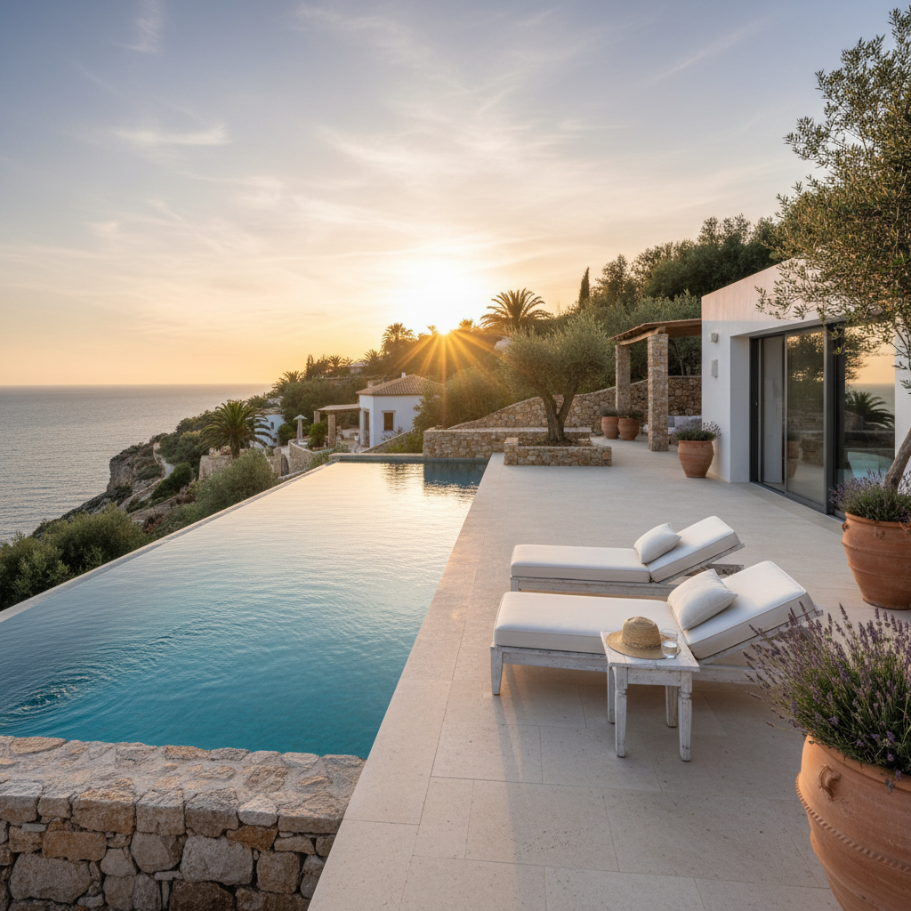 Private villa pool with white sun loungers on a Mediterranean terrace