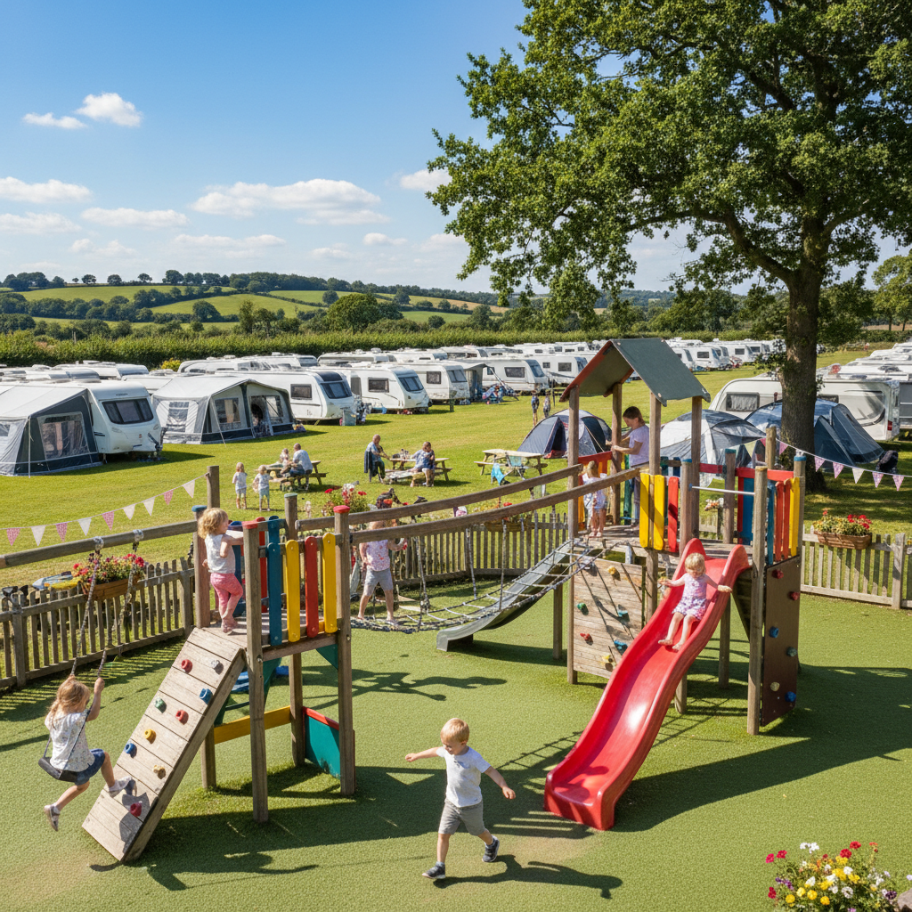 Children playing on a wooden climbing frame at a family-friendly UK holiday park