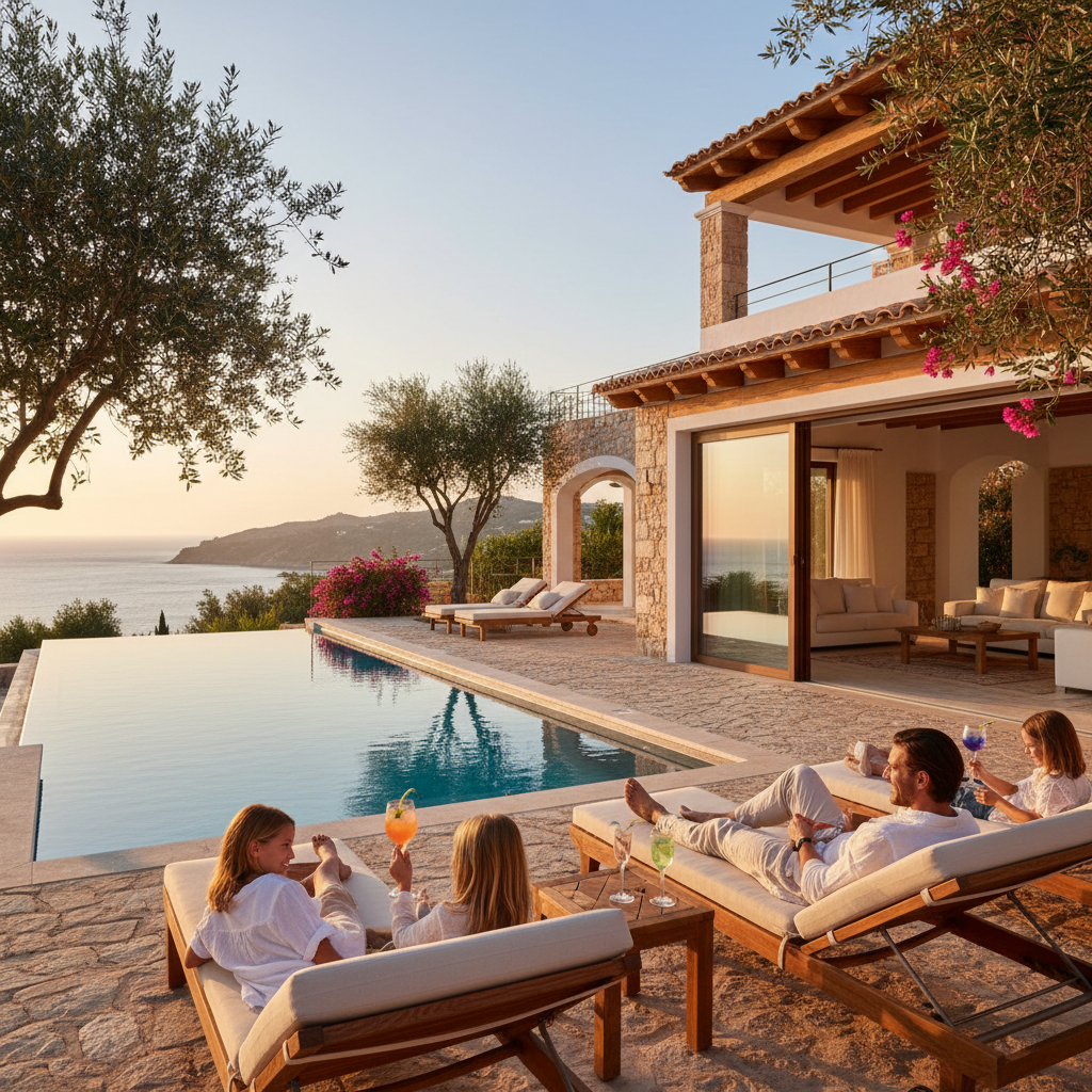 Family relaxing on a private villa terrace with pool in the Mediterranean evening sunshine