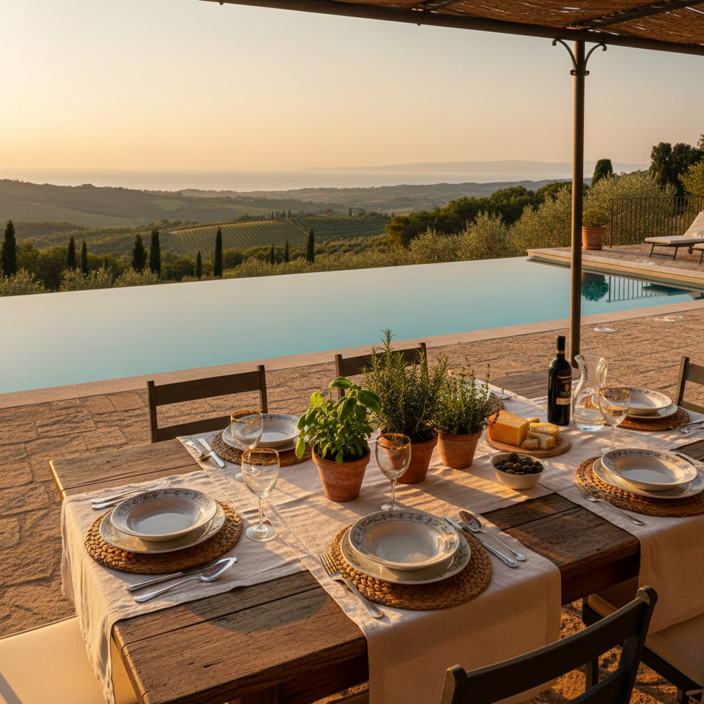 Outdoor dining table set for guests on a shaded villa terrace with countryside views