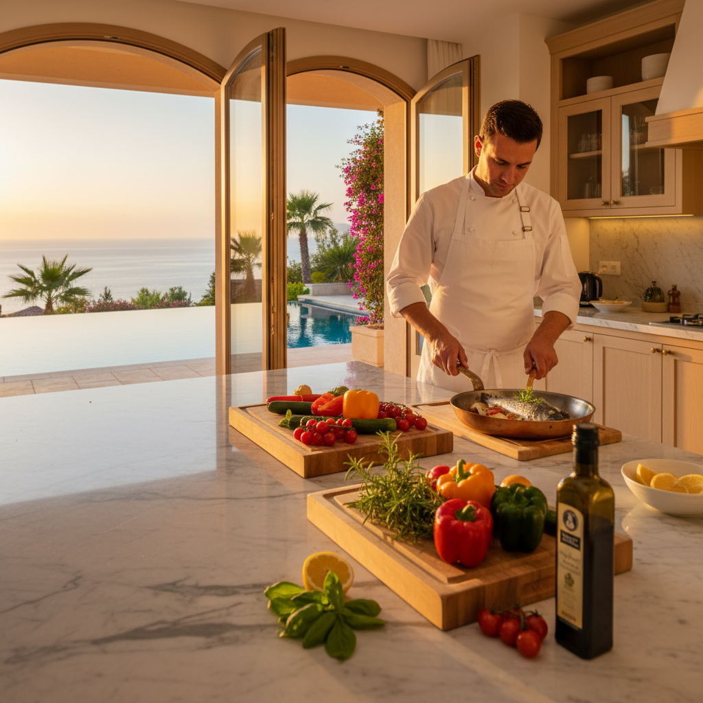 Private chef preparing fresh local seafood and vegetables in a luxury villa kitchen