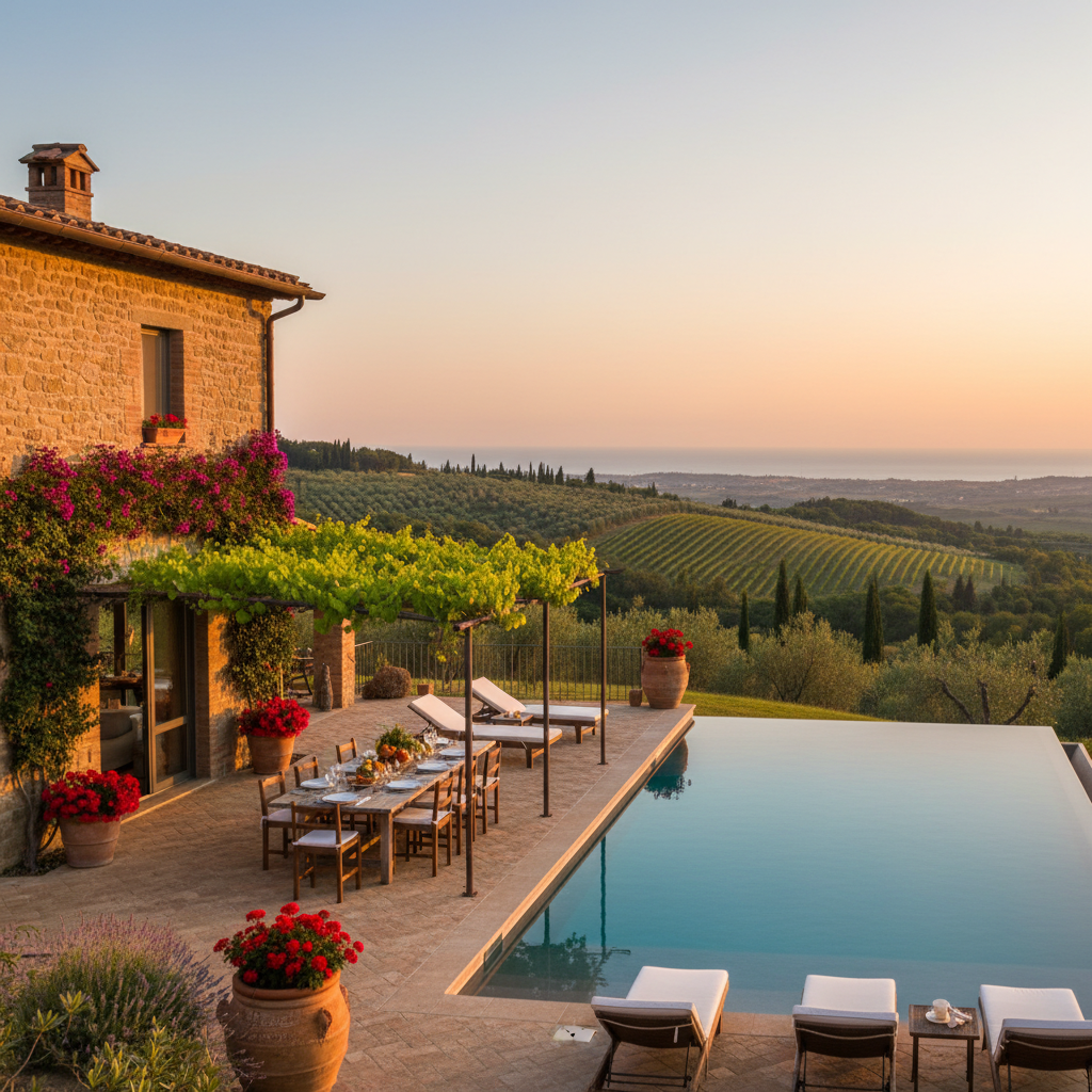 Converted Tuscan farmhouse villa with outdoor dining area surrounded by vineyards and cypress trees