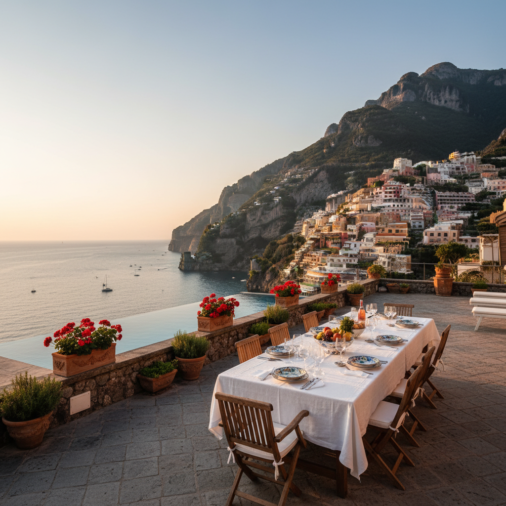Private villa terrace with sea view and alfresco dining setup on the Amalfi Coast, Italy