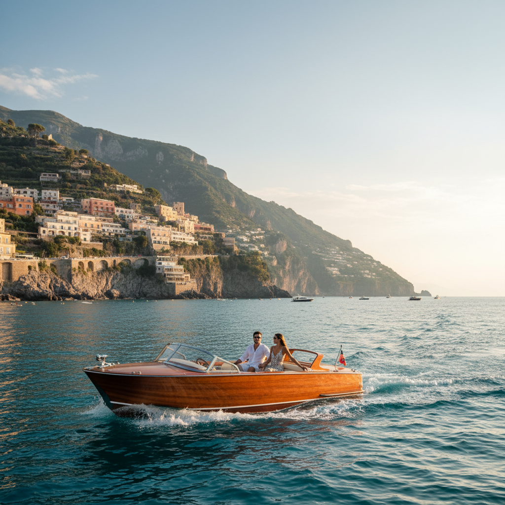 Private water taxi travelling along the Amalfi Coast with cliffside villages and blue sea in the background