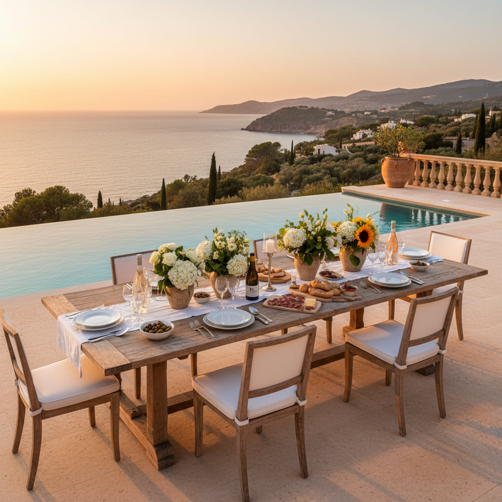 Luxury villa outdoor dining terrace set for a summer family lunch with Mediterranean views