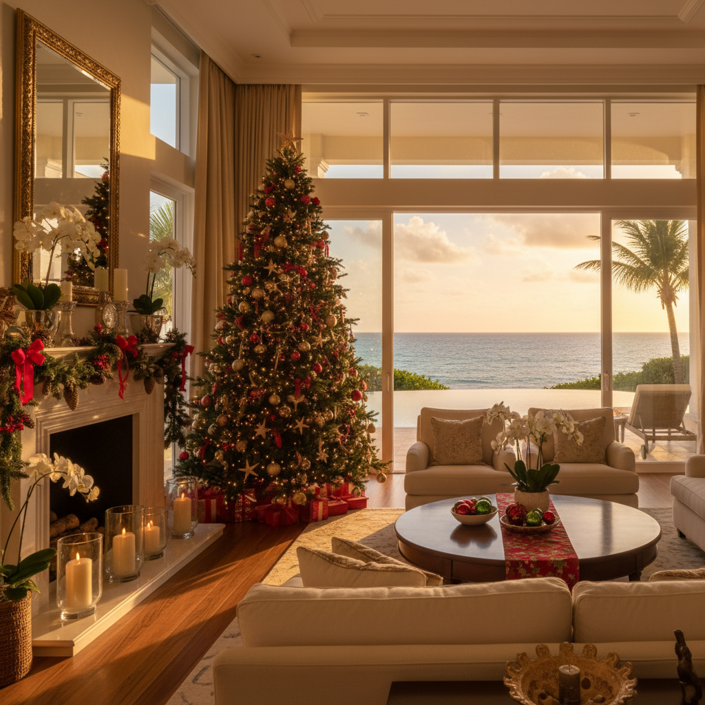 Luxury beachfront villa decorated for Christmas with sea views through floor-to-ceiling windows