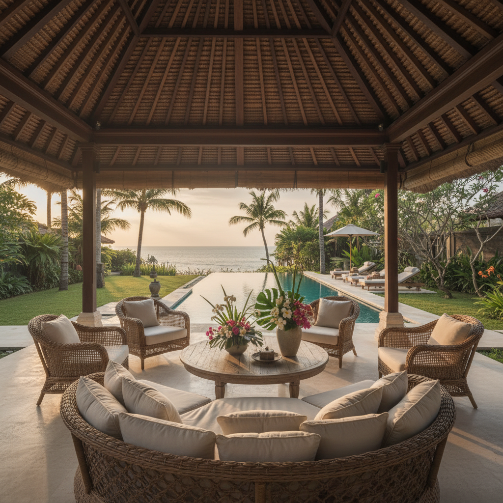 Outdoor living pavilion and pool at a luxury villa in Seminyak, Bali