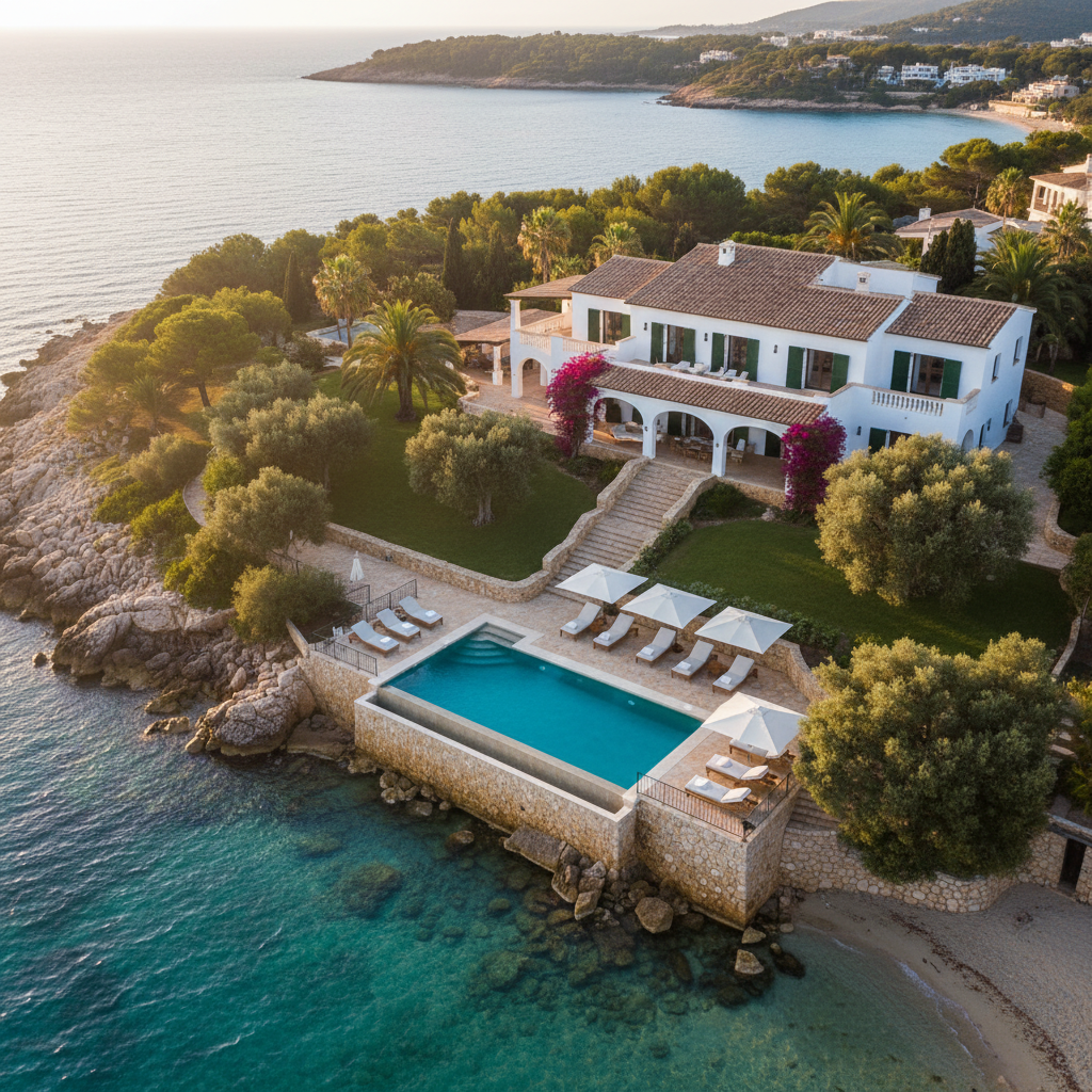 Aerial view of a luxury Mallorca villa with private pool and sea views, perfect for summer celebrations