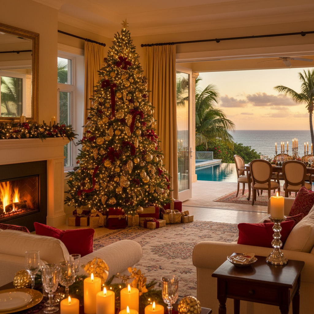 Luxury Caribbean villa decorated for Christmas with festive dining table, fireplace, and tropical pool terrace