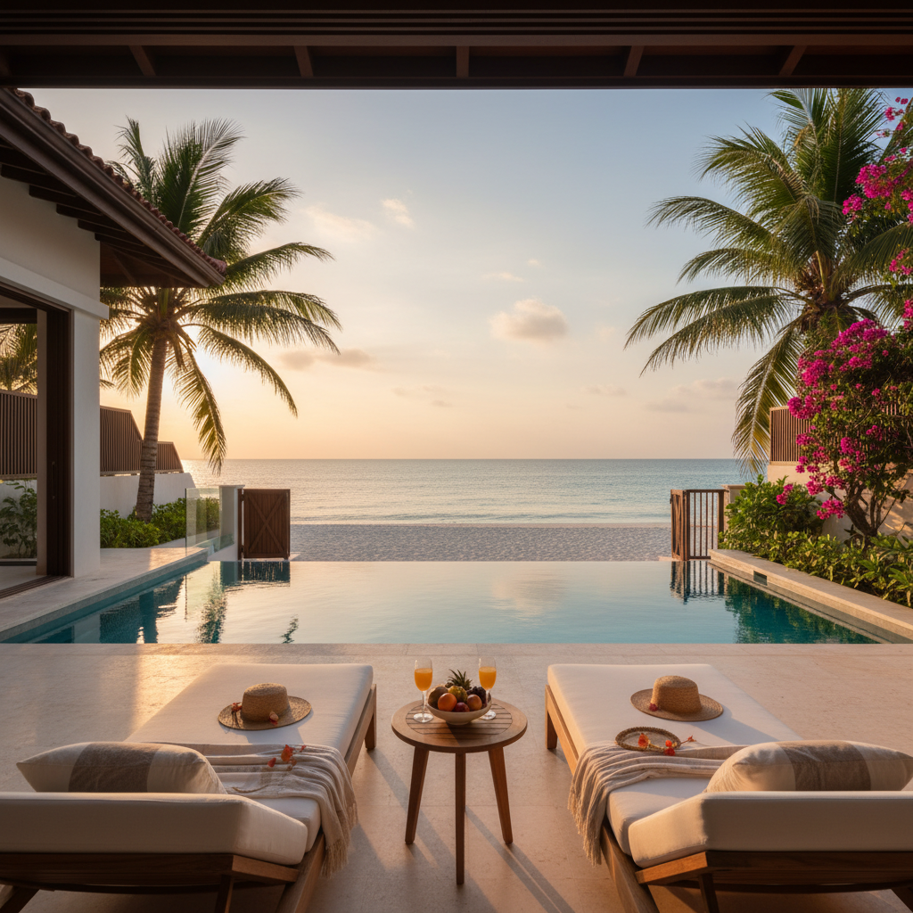 Luxury beachfront villa terrace with direct sea access and white sunbeds at sunrise