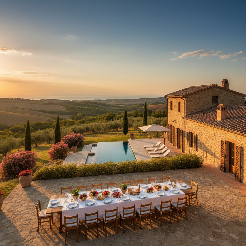Tuscan countryside estate villa with stone terrace dining table surrounded by cypress trees and olive groves