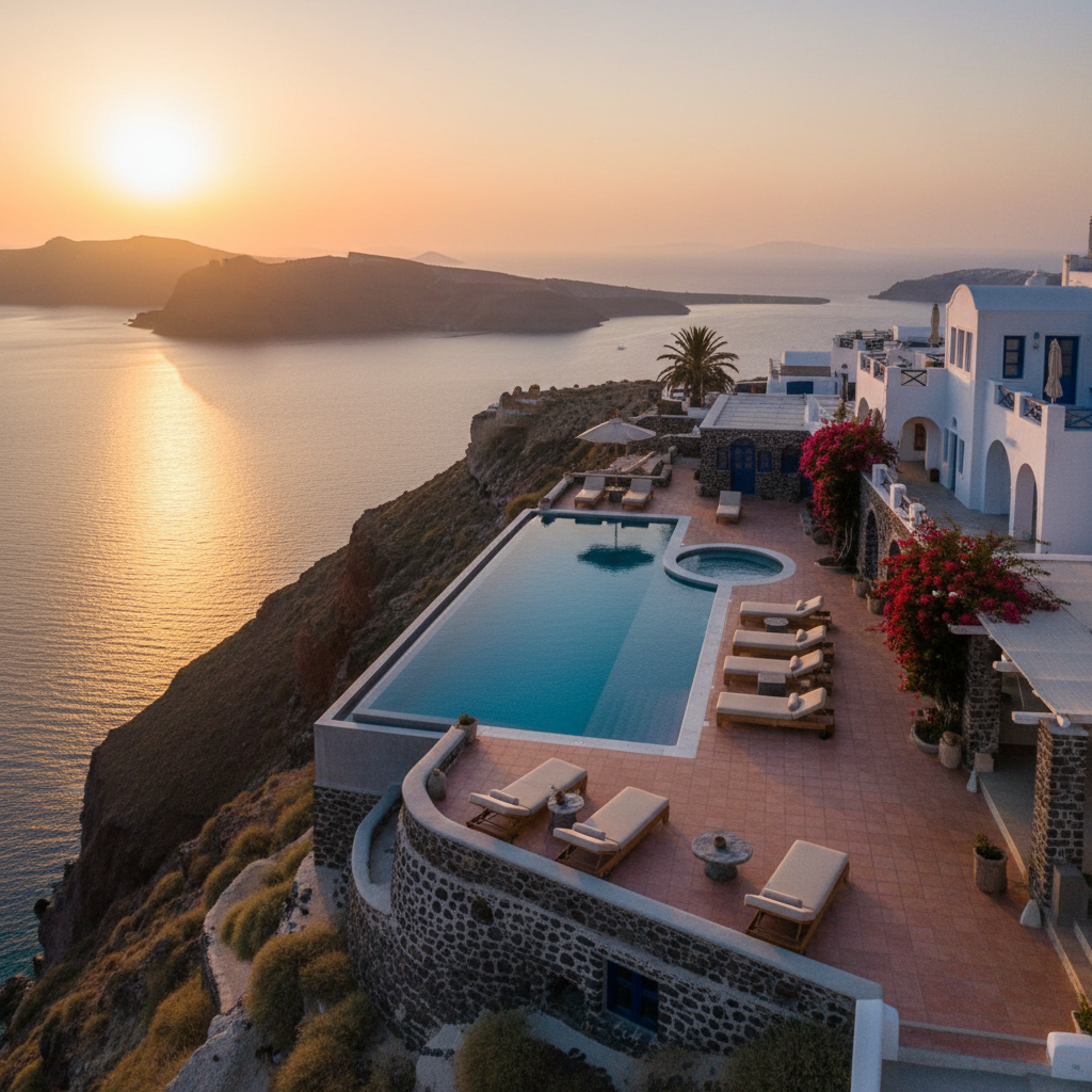 Luxury clifftop villa in Santorini with private infinity pool overlooking the caldera at sunset