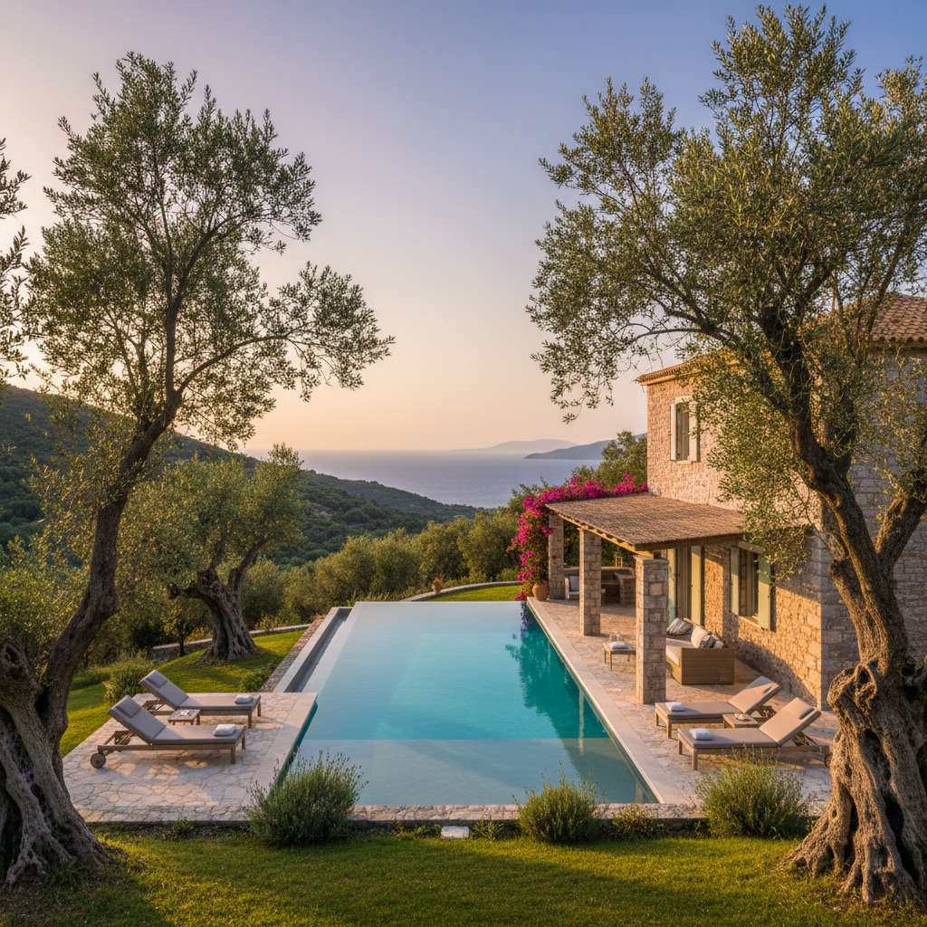 Traditional stone villa in Corfu with private pool surrounded by olive groves and lush gardens
