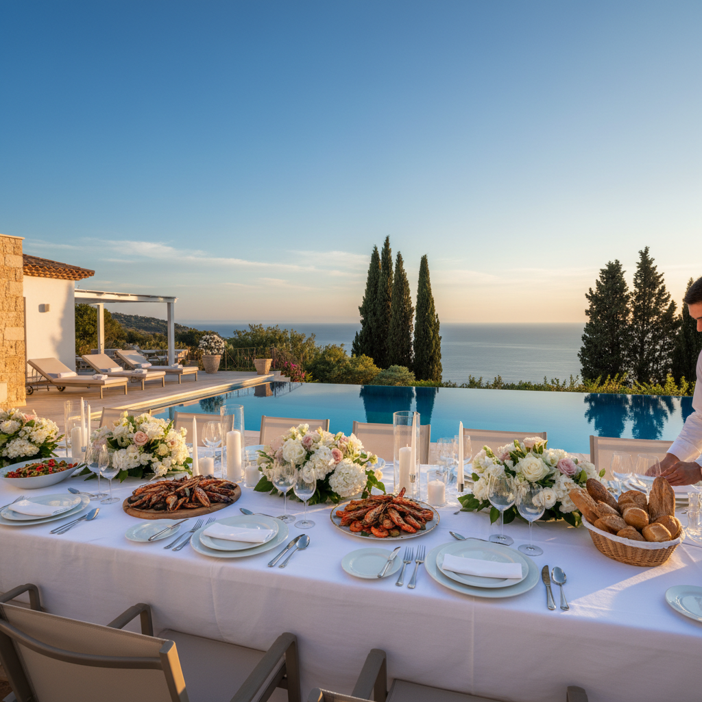 Elegant outdoor dining table set for a private chef dinner at a luxury villa with pool