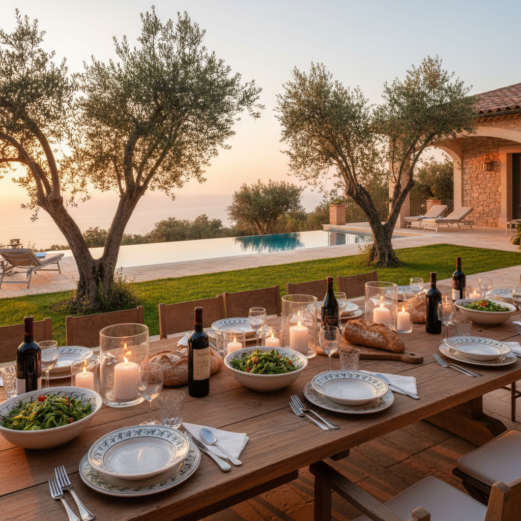 Private villa outdoor dining table set for evening dinner with pool and garden in the background