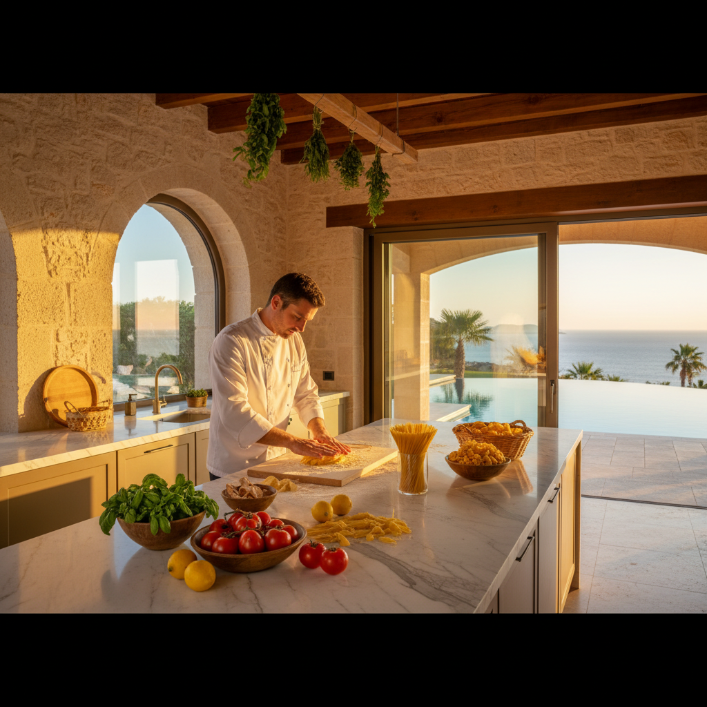Private chef preparing fresh pasta in a luxury villa kitchen in Italy