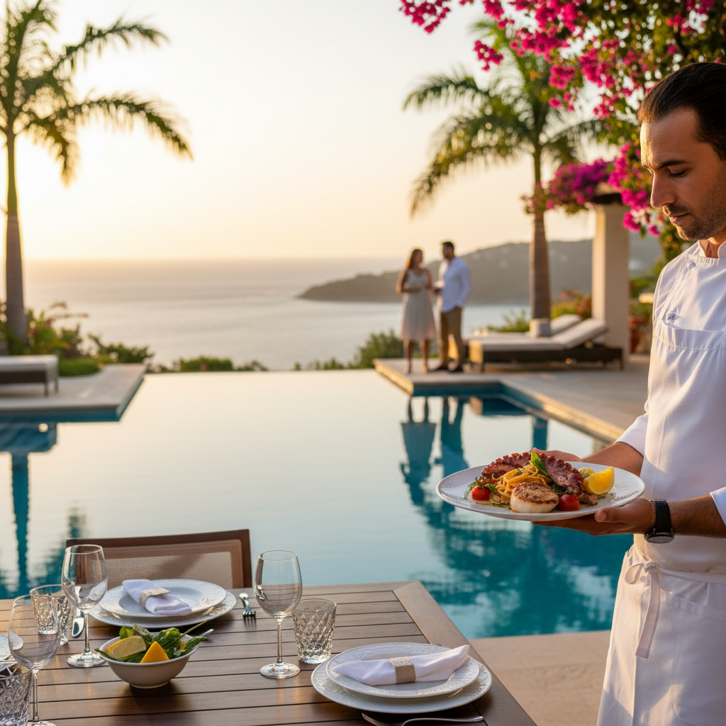 Private chef serving a plated dinner at an outdoor luxury villa dining table with pool in background