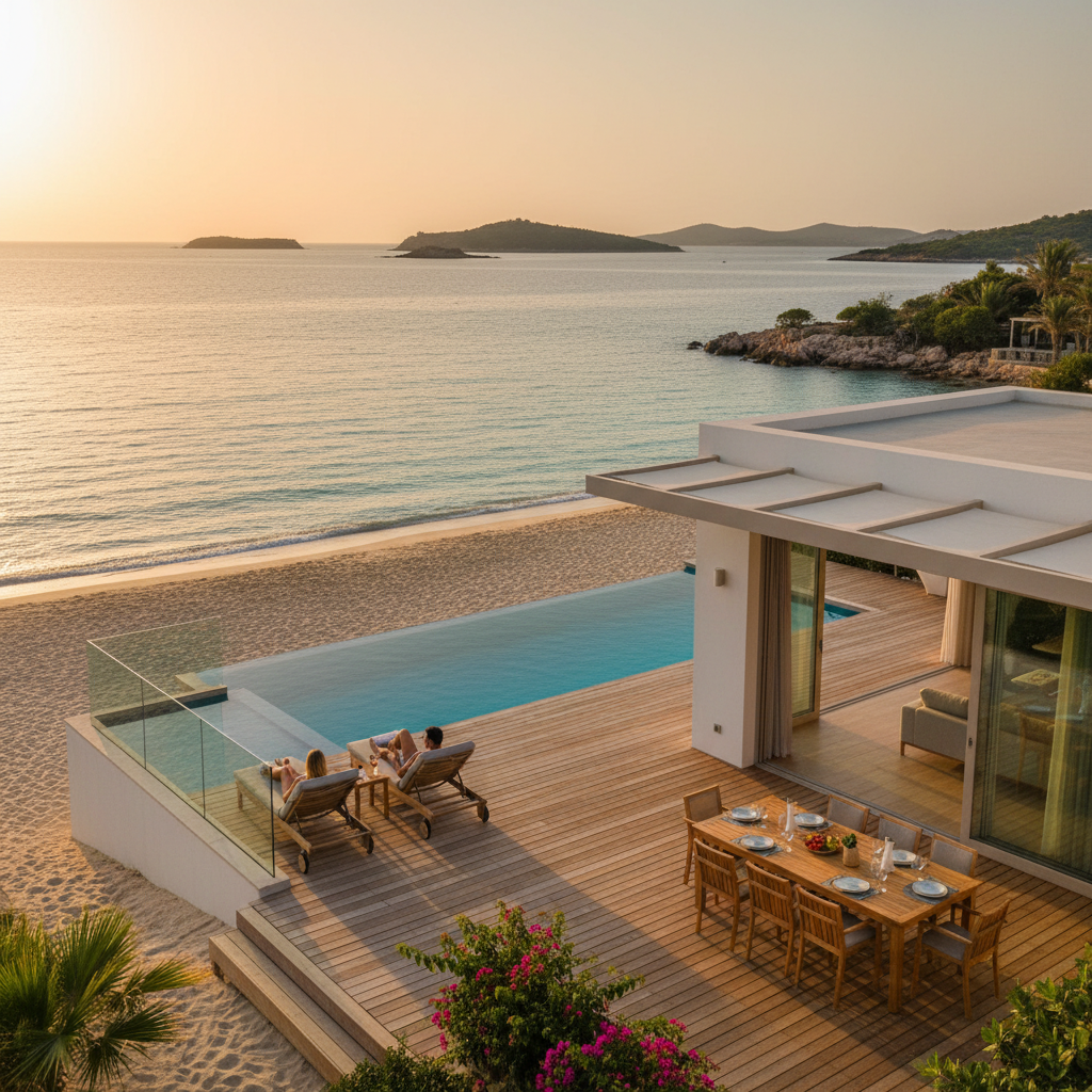 Private beachfront villa with direct beach access and terrace dining area overlooking the sea