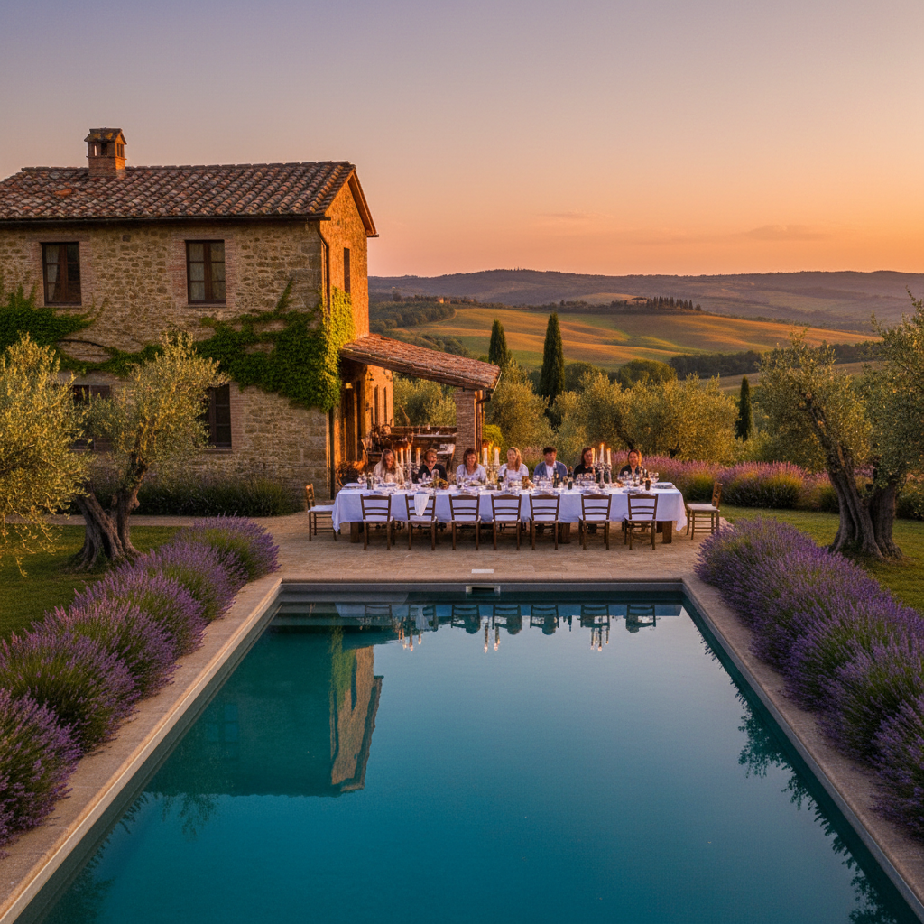 Rustic Tuscan farmhouse villa with stone walls, olive trees and outdoor dining terrace at sunset
