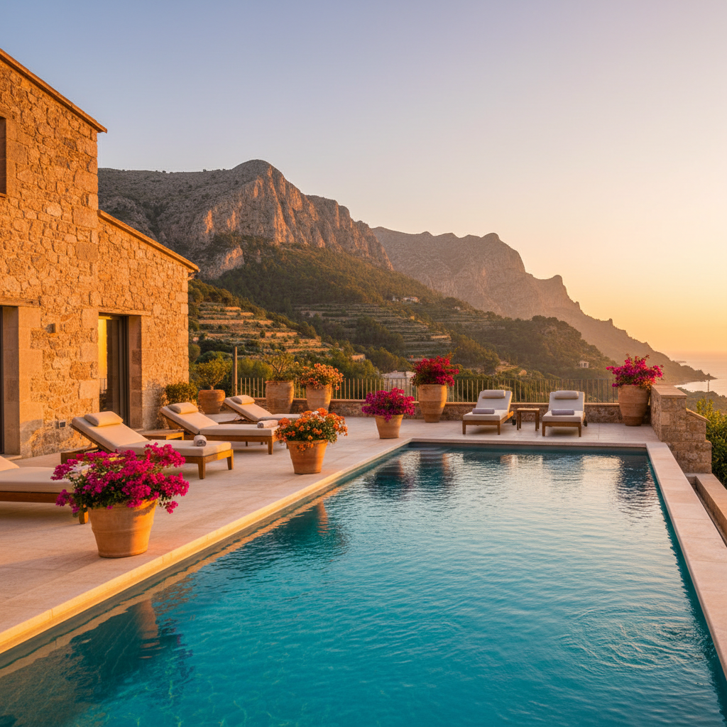 Sun-drenched terrace and private pool of a luxury finca in the Tramuntana mountains, Mallorca