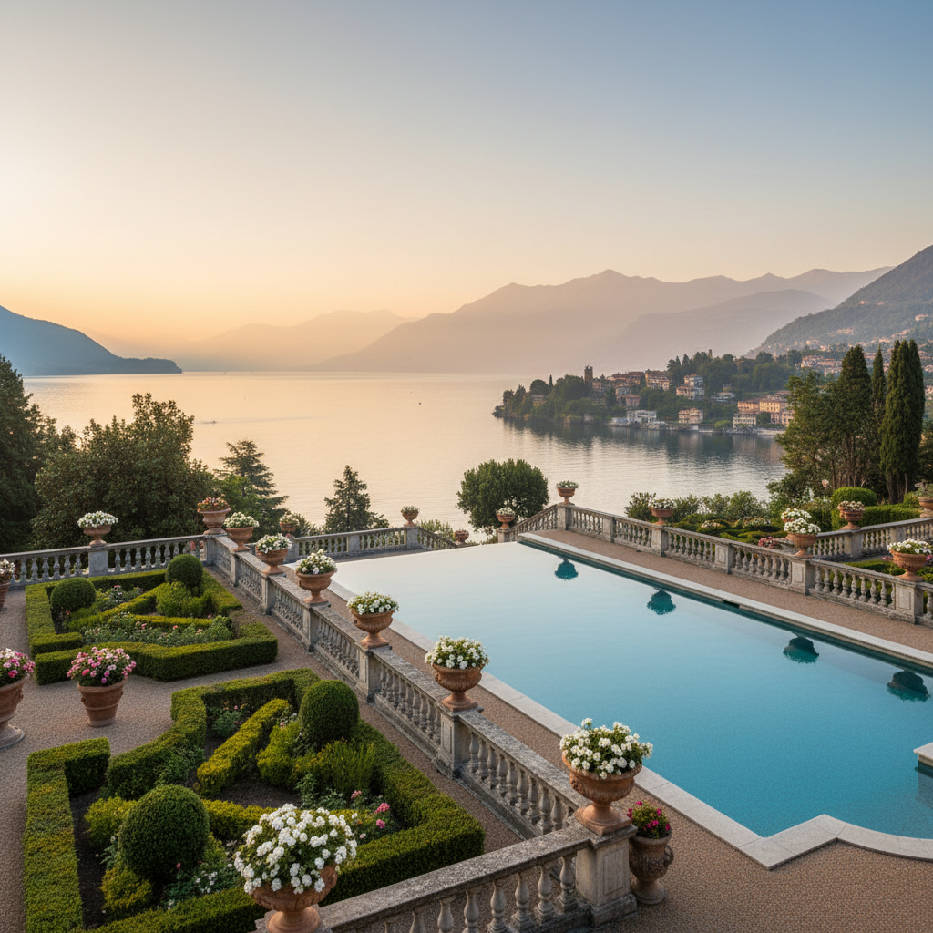 View from a luxury villa terrace over Lake Como, Italy, with ornate gardens and still blue water below