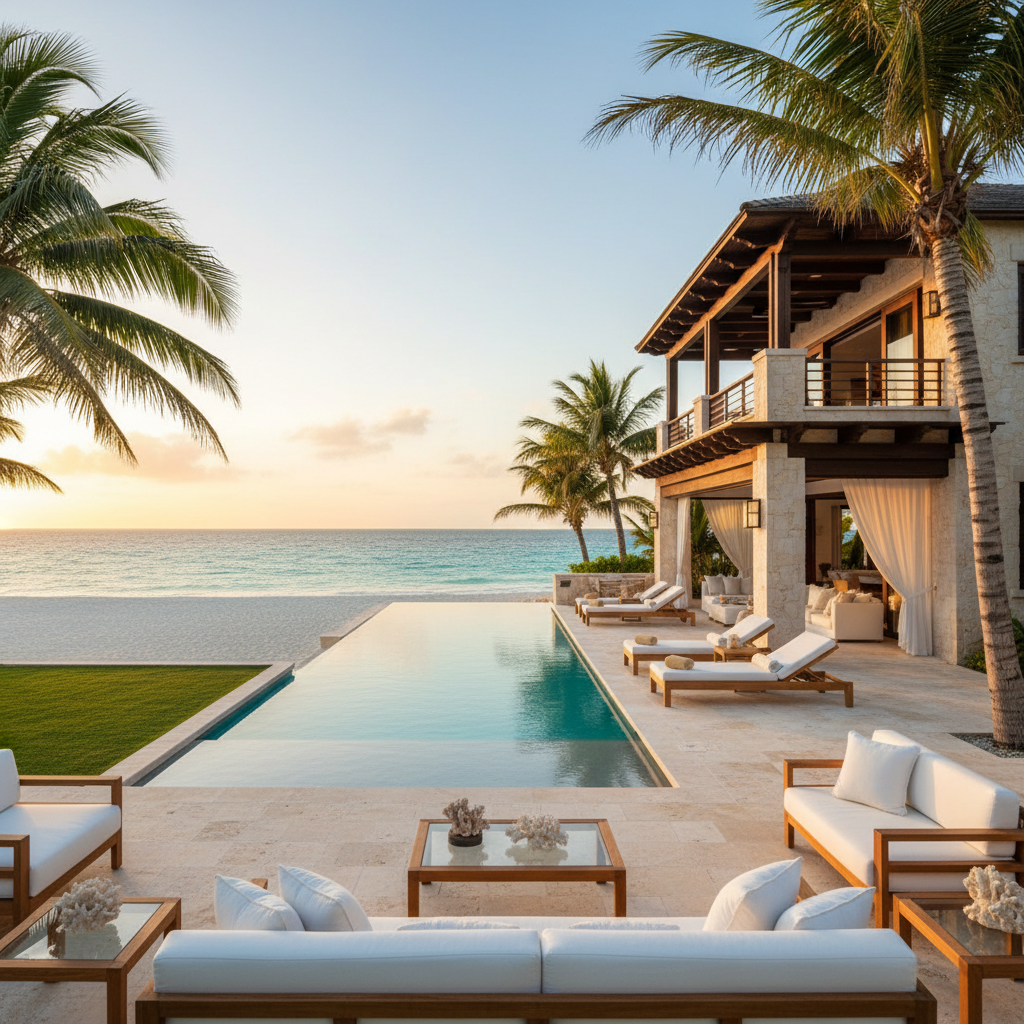 Beachfront luxury villa on Grace Bay beach in Turks and Caicos with turquoise sea views
