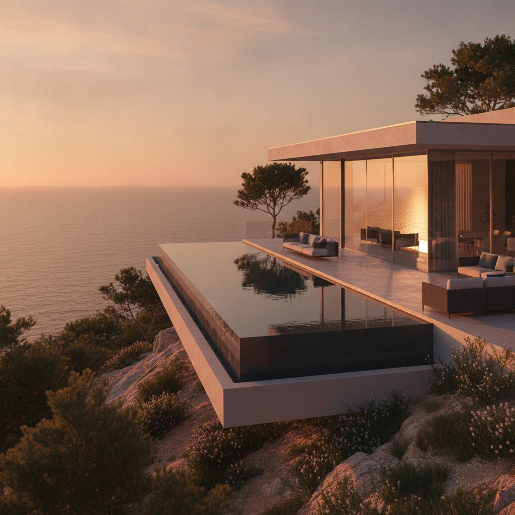 Modern contemporary luxury villa with cantilevered infinity pool at sunset in Ibiza