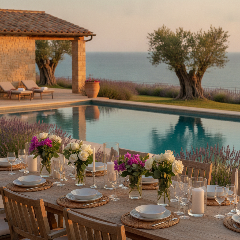 Outdoor dining terrace of a luxury villa in Tuscany set for an evening dinner with pool and olive trees in the background