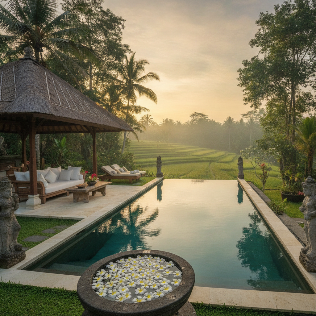 Open-air Balinese luxury villa with private pool surrounded by tropical rice paddies and jungle