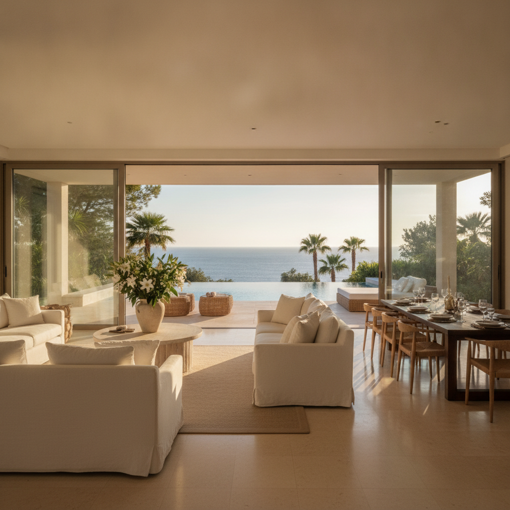 Spacious open-plan interior of a luxury private villa with terrace and pool view