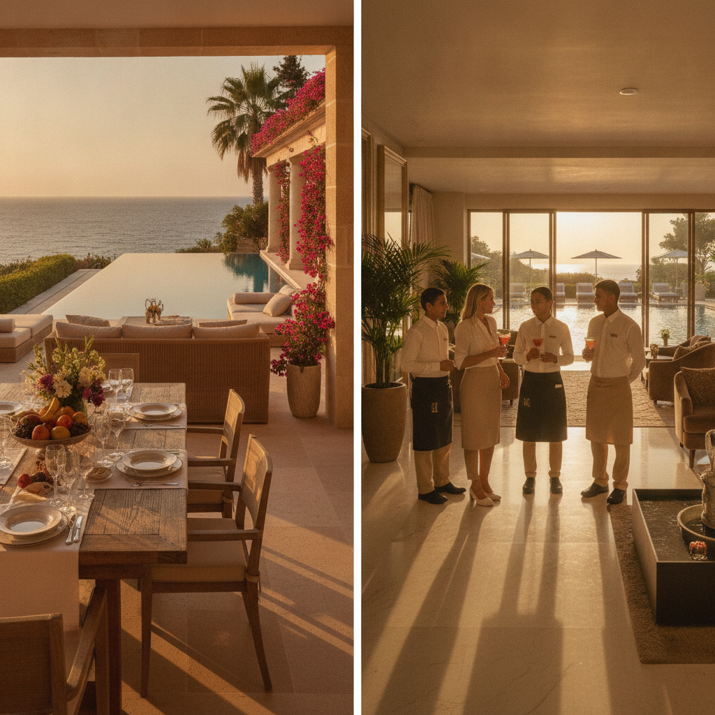 Side-by-side comparison of a private villa outdoor dining terrace and a luxury hotel pool