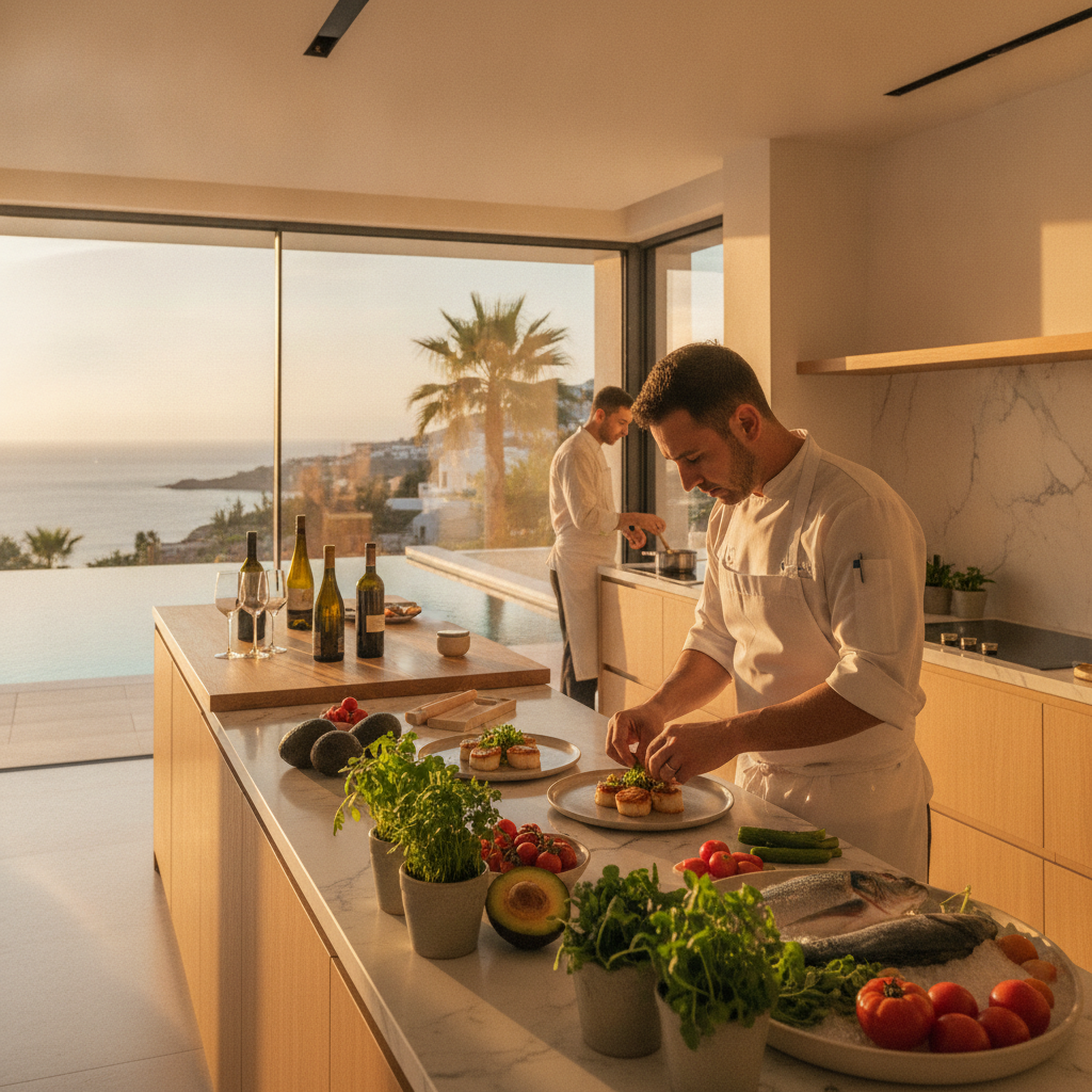 Private chef preparing a gourmet meal in a luxury villa kitchen with fresh local ingredients